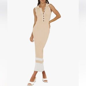 NEW Women’s Polo V Neck Sleeveless Bodycon Ribbed Knit Maxi Dress Medium